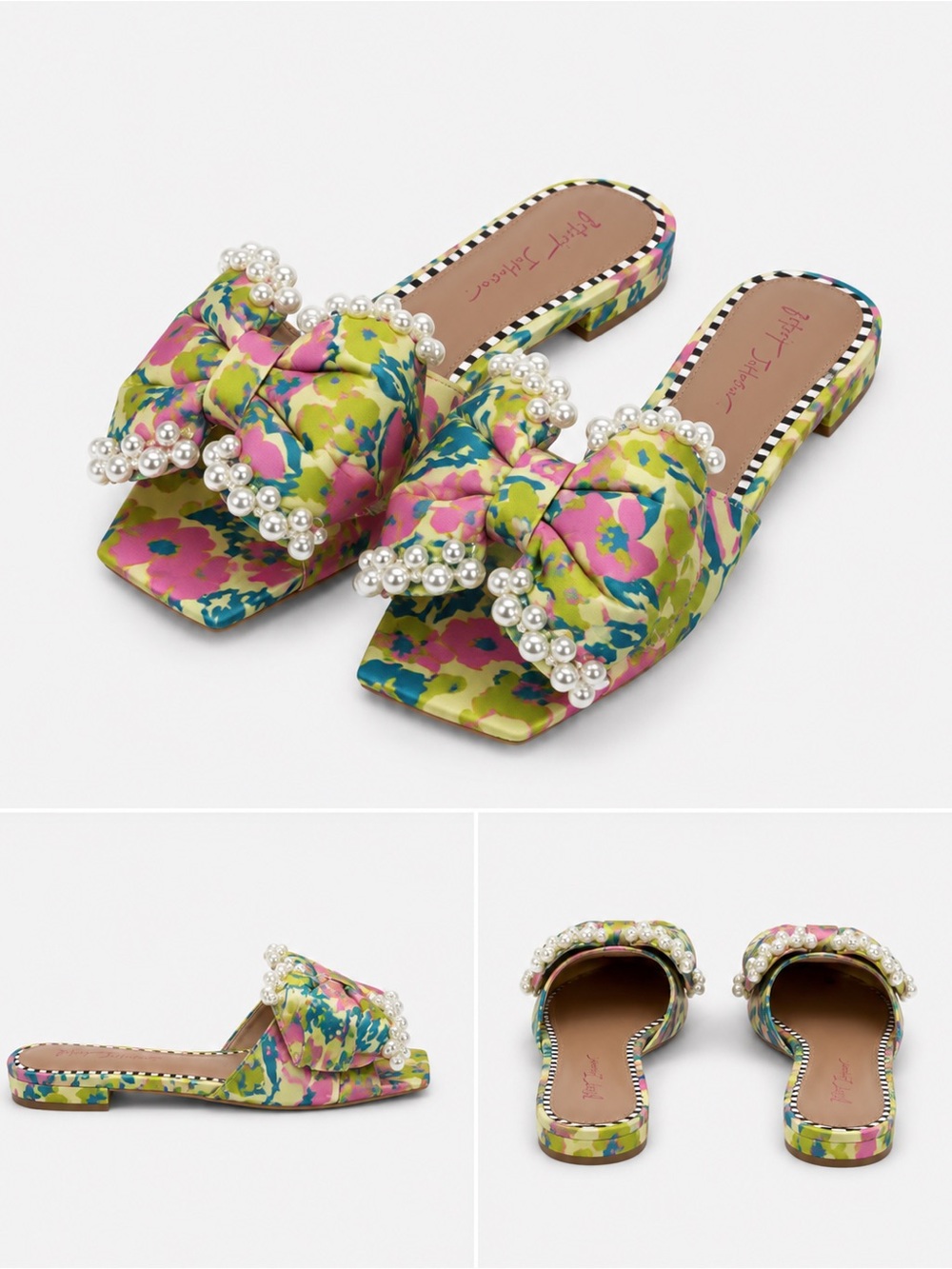 Betsey Johnson Floral Pearl Bow Slide Sandals Size 9 NWOT Palm Beach Style - Picture 1 of 6
